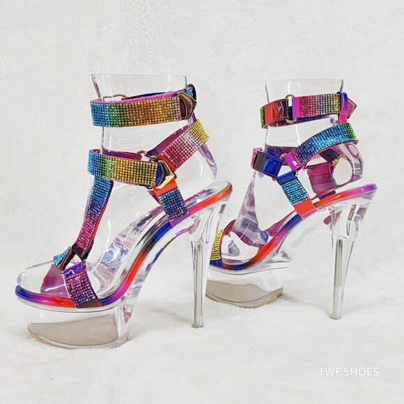 Bulls Rainbow Rhinestone Harness Strap Clear Platform Heels - Picture 7 of 17